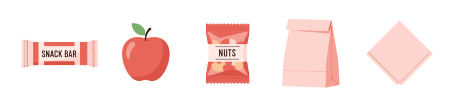 Healthy lunch and snack items for school or work, including a snack bar, apple, nuts, paper bag, and napkin, presented in a flat vector illustration.
