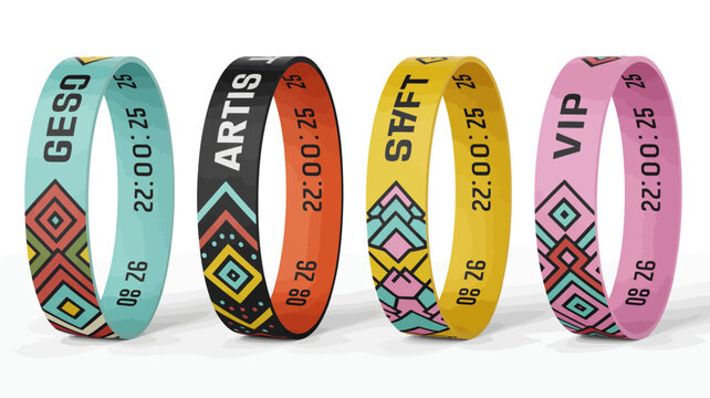 A vibrant collection of silicone wristbands each displaying unique text like geso artis swift and vip with patterned designs high quality professional detailed modern elegant stylish