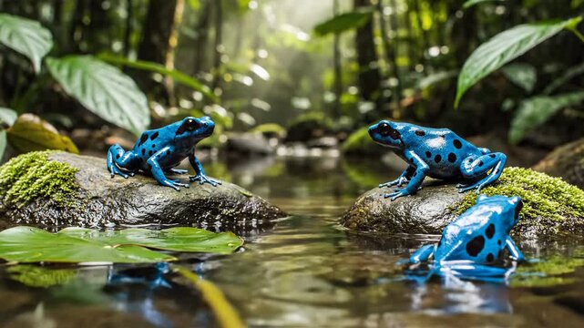 Vibrant image of blue poison dart frogs perched on moss-covered rocks in a lush rainforest habitat
