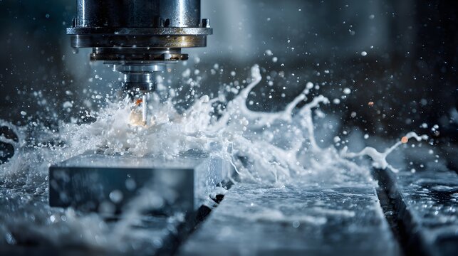 High-tech CNC milling machine precisely carves a solid block of brilliant metal while dynamic splashes of white coolant fluid freeze in air.