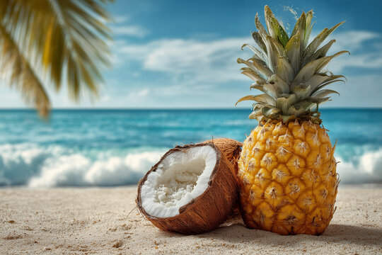 Whole Pineapple and Half Coconut on a Tropical Sandy Beach with Ocean Waves Background