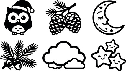 Obraz premium Cute owl wearing santa hat with pine cones pine branches smiling stars and crescent moon sleeping under clouds minimalist black line art icons