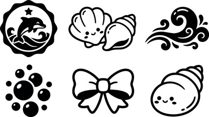 Fototapeta premium Cute kawaii style black and white vector icons set with smiling shells dolphin waves bubbles and bow outline design