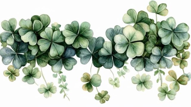 Watercolor clover leaves garland with lush green foliage and soft hues. Saint Patrick's Day, St Paddy's Day, St Patty's Day - Irish National Holiday and Cultural Celebration