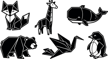 Fototapeta premium Geometric style minimalist black and white fox giraffe whale bear crane and penguin animal icons in flat vector design