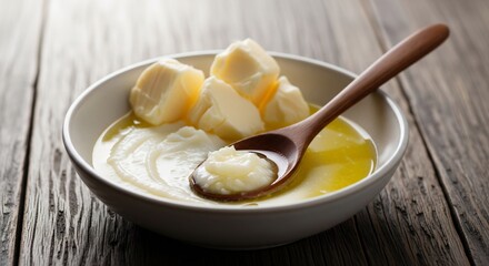 Golden Clarified Butter (Ghee) and Fresh Butter Chunks in a Bowl with a Wooden Spoon on Rustic Dark Wood. Healthy Cooking Ingredient.