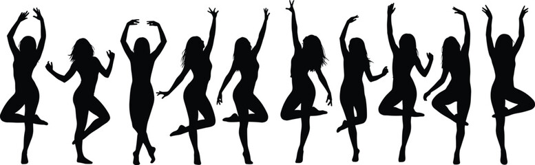 Dancing women silhouette collection with energetic female dance poses party dancer silhouettes isolated on white background vector set