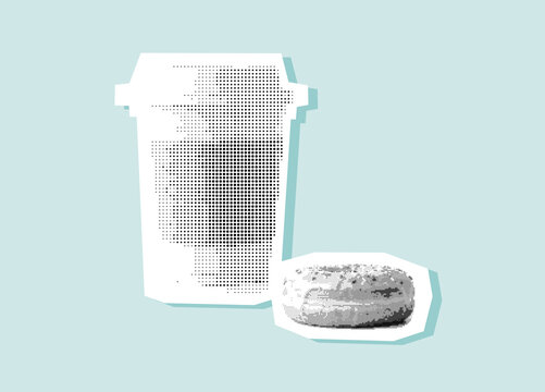 Vector illustration: torn paper scraps. A cup of hot drink and a donut in pop art style.