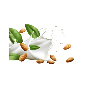 Milk splash with badam almonds with leaves on transparent background, PNG