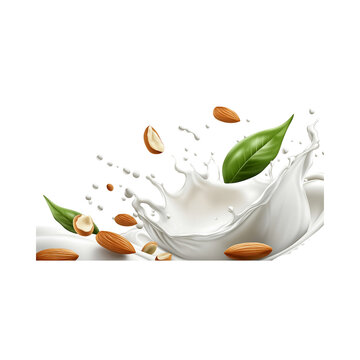 Milk splash with badam almonds with leaves on transparent background, PNG