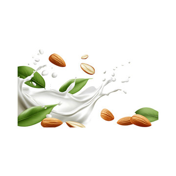 Milk splash with badam almonds with leaves on transparent background, PNG