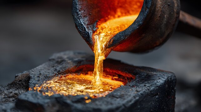 Glowing vibrant molten gold smoothly pours from an ancient iron crucible directly into a rustic dark stone mold with dramatic flying sparks.