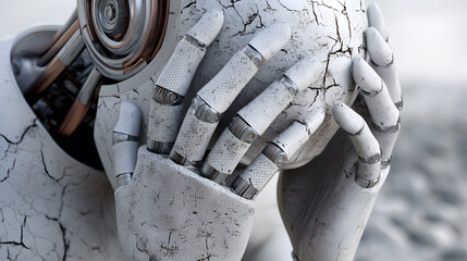 Robot covering face with hands symbolizing artificial intelligence overload, failure or emotional conflict in advanced machine systems.