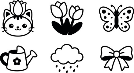 Fototapeta premium Cute vector line art set with cat face flower crown tulip bouquet butterfly watering can rain cloud and bow ribbon icons