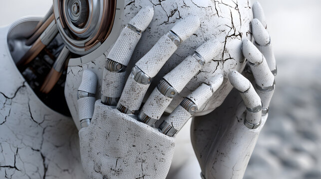 Robot covering face with hands symbolizing artificial intelligence overload, failure or emotional conflict in advanced machine systems.