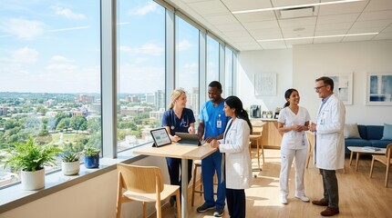 Fototapeta premium Medical Professionals Collaborating And Discussing Strategies In A Modern Healthcare Setting