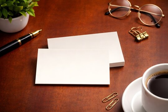 Professional stationery branding mockup on wooden workspace with two empty white cards and office accessories.