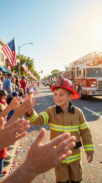 Vertical photo of young boy in firefighter costume at civic parade. Happy child high-fiving spectators during community celebration event