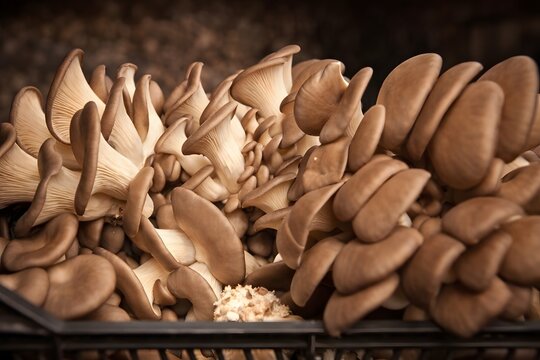 Freshly harvested oyster mushrooms in a plastic crate at a mushroom farm.