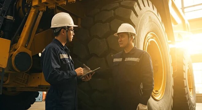 Two engineers in hard hats inspect a massive yellow industrial mining truck with a tablet