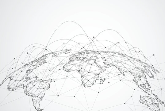 Global network connections illustrated on a world map with lines and dots.