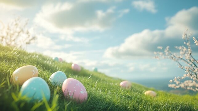 Easter eggs rolling down grassy hills outdoors nature easter.