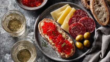 Obraz premium Appetizing Charcuterie Board with Cheese, Salami, Olives, and Red Pepper Spread.