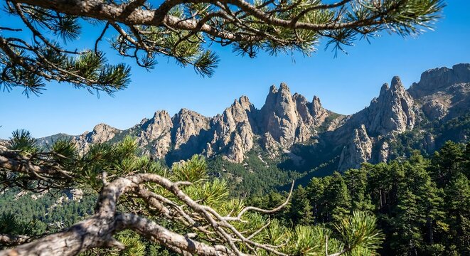 Stunning View of Rugged Granite Mountain Peaks and Green Pine Forest in Corsica, Aiguilles de Bavella Outdoor Landscape during a Sunny Day
