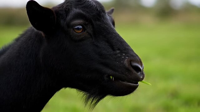 close-up of a black goat grazing on green grass in a field