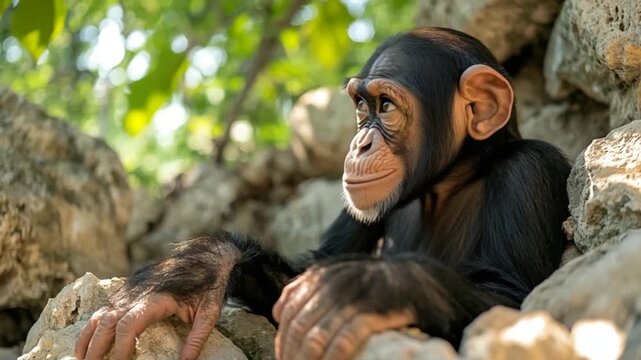 Young Chimpanzee Sitting on Rocks Outdoors.