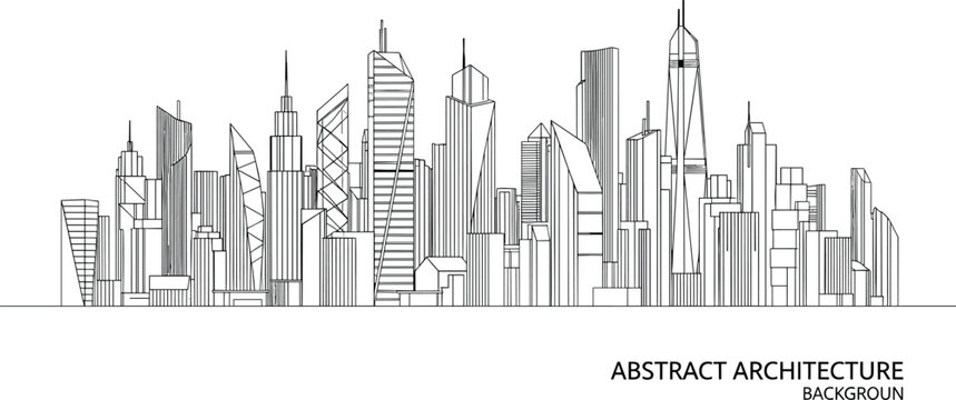 Expansive architectural skyline of a modern metropolitan district featuring a diverse range of contemporary skyscraper silhouettes and a clean horizontal baseline.