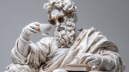 Sculpture of a figure sipping from a cup while wearing sunglasses in a modern art setting