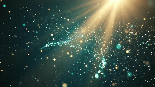 Ethereal cosmic light beams with sparkling particles in a teal and gold galaxy. Saint Patrick's Day, St Paddy's Day, St Patty's Day - Irish National Holiday and Cultural Celebration