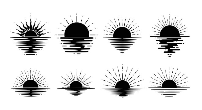 Set of eight sun and sea horizon illustrations with radiating light and water reflections.