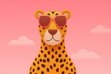Fototapeta premium Cool leopard in sunglasses with a pink background and clouds