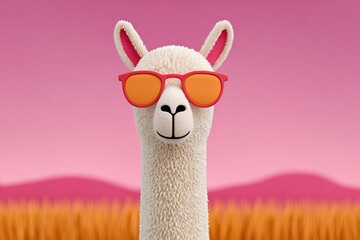 Fototapeta premium Llama with sunglasses stands in a vibrant field during a sunny day