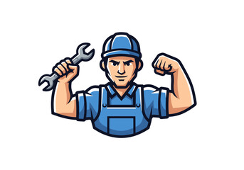 Fototapeta premium Strong Mechanic Mascot with Wrench and Flexed Biceps.