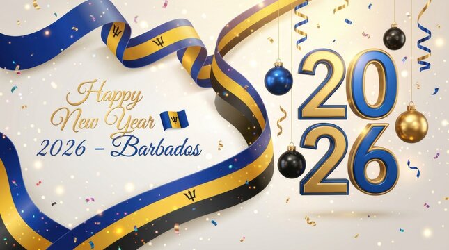 barbados new year 2026 banner with waving ribbon in national flag colors