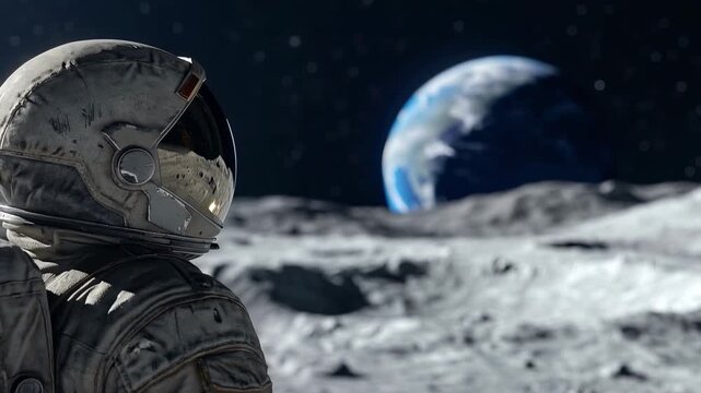An astronaut stands on the lunar surface looking towards Earth. moon's terrain with a clear view of Earth in the distance