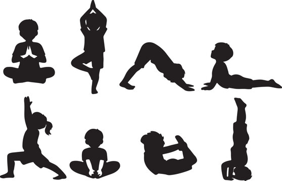 Kids yoga with children doing exercises set silhouette vector