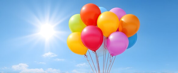 Obraz premium Bright cluster of vivid balloons gracefully floating under warm sunshine