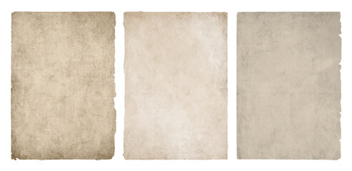 Vintage old paper sheet set isolated on transparent background, antique grunge parchment texture collection