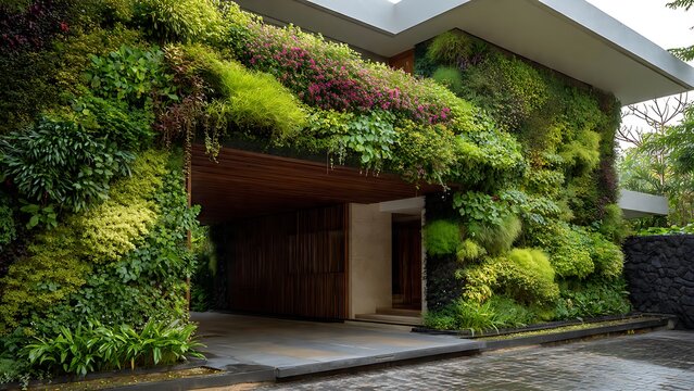 Modern architectural design featuring lush vertical garden wall and entrance