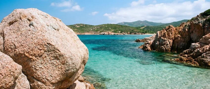 Summer landscape of a Mediterranean beach with turquoise water and red granite rocks in Sardinia, Italy, featuring a calm turquoise sea and a bright blue sky during a sunny day.