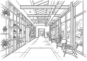 Obraz premium Immersive interior perspective of a modern sunroom gallery featuring a gridded plant wall, floor-to-ceiling glass windows, and lounge seating.