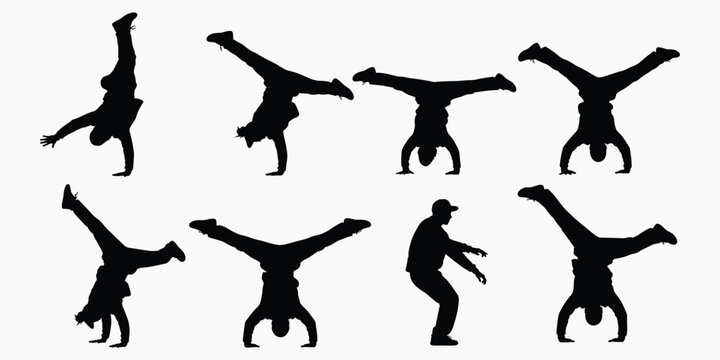 Silhouettes of a person performing various breakdancing moves and handstands bboy b-boy