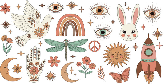 Boho Mystical Symbols Vector Set with Rabbit, Sun, Moon, Rainbow, Rocket, Dove, Eyes and Floral Elements