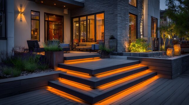 Sophisticated modern backyard design highlights a sleek composite wood deck patio beautifully illuminated by hidden amber LED strip lighting.