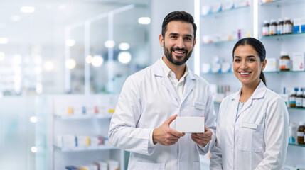Fototapeta premium Smiling male and female pharmacists holding blank white medicine box in pharmacy. Professional healthcare workers in drugstore. Teamwork and pharmaceutical care concept. Copy space for text