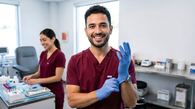 Male medical technician putting on blue nitrile gloves in a laboratory. Smiling healthcare worker in maroon scrubs with colleague in background. Medical testing and hygiene concept